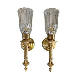 Pair Vintage Brass Wall Sconces Candle Holder With Cut Glass Hurricane Shade 15”